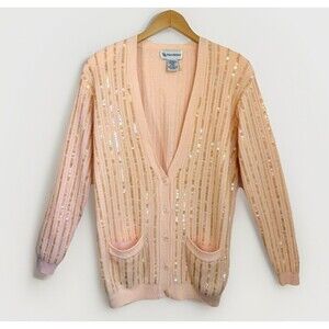 VTG Evan Picone S - M Angora Lambswool Rabbit Fluff Sequin Cardigan Sweater Pink